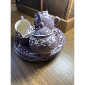Vintage Jaliang Floral Ceramic Tea Set With Plates Creamer & Sugar Bowl Purple &